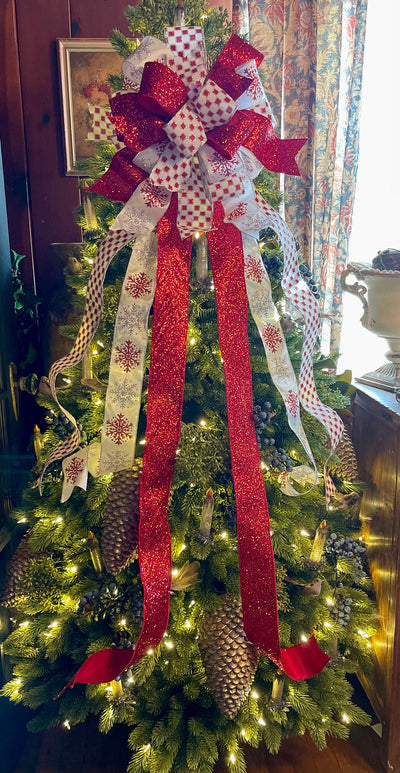 The Allison Red Silver & White XL Snowflake Christmas Tree Topper Bow