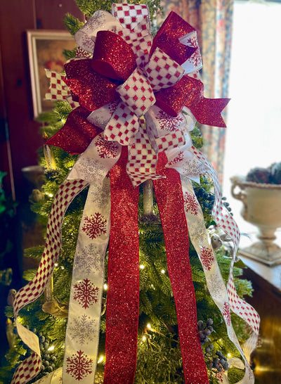 The Allison Red Silver & White XL Snowflake Christmas Tree Topper Bow