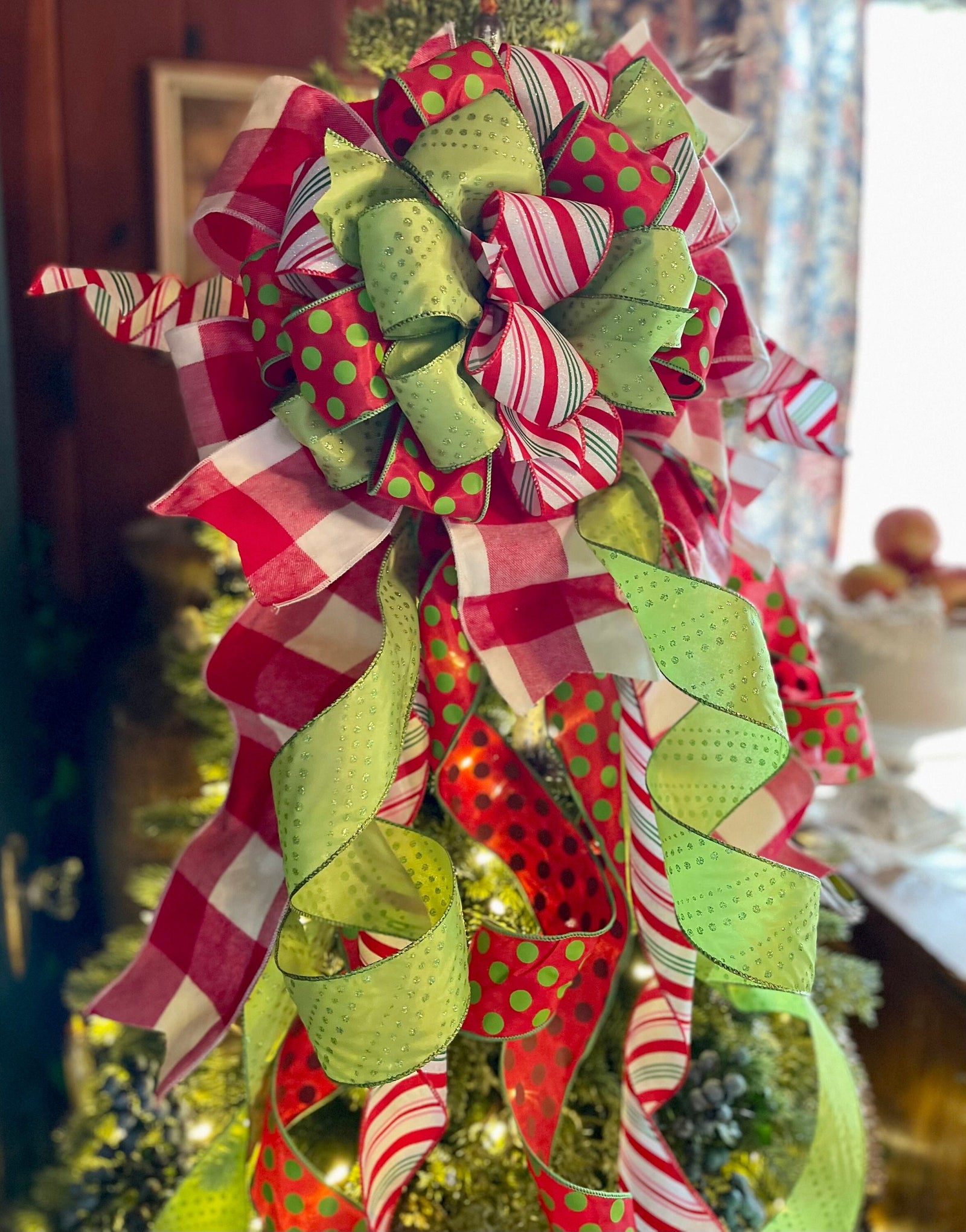 The Melinda Red & Green Whimsical Christmas Tree Topper Bow