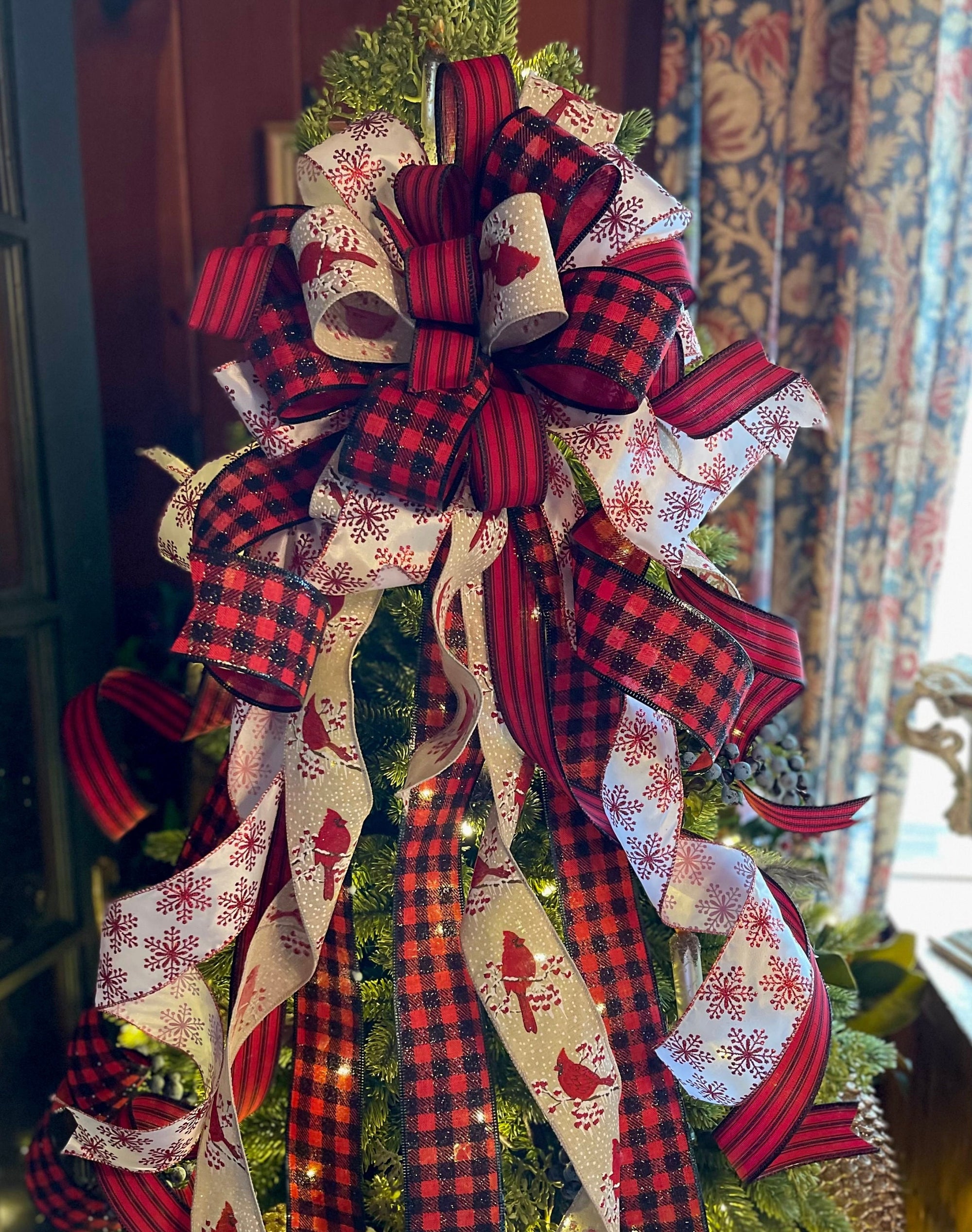 The Chelsey Red Black & White Cardinal Christmas Tree Topper Bow