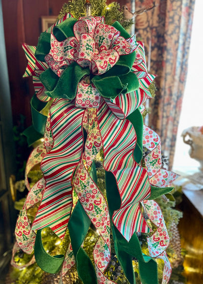 The Greta Red Green & White Christmas Tree Topper Bow