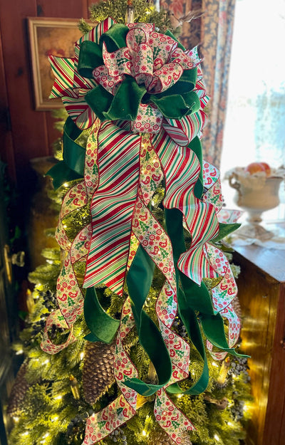 The Greta Red Green & White Christmas Tree Topper Bow