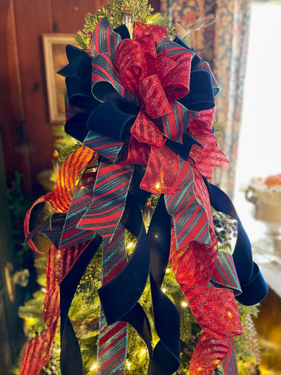 The Sapphire Red & Navy Velvet Christmas Tree Topper Bow