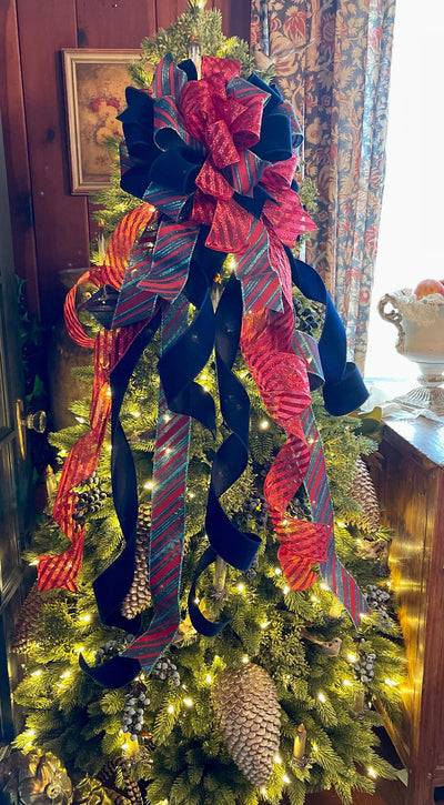 The Sapphire Red & Navy Velvet Christmas Tree Topper Bow