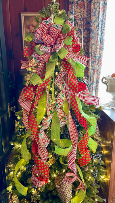 The Sicilia Red Green & White Christmas Tree Topper Bow