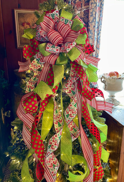 The Sicilia Red Green & White Christmas Tree Topper Bow