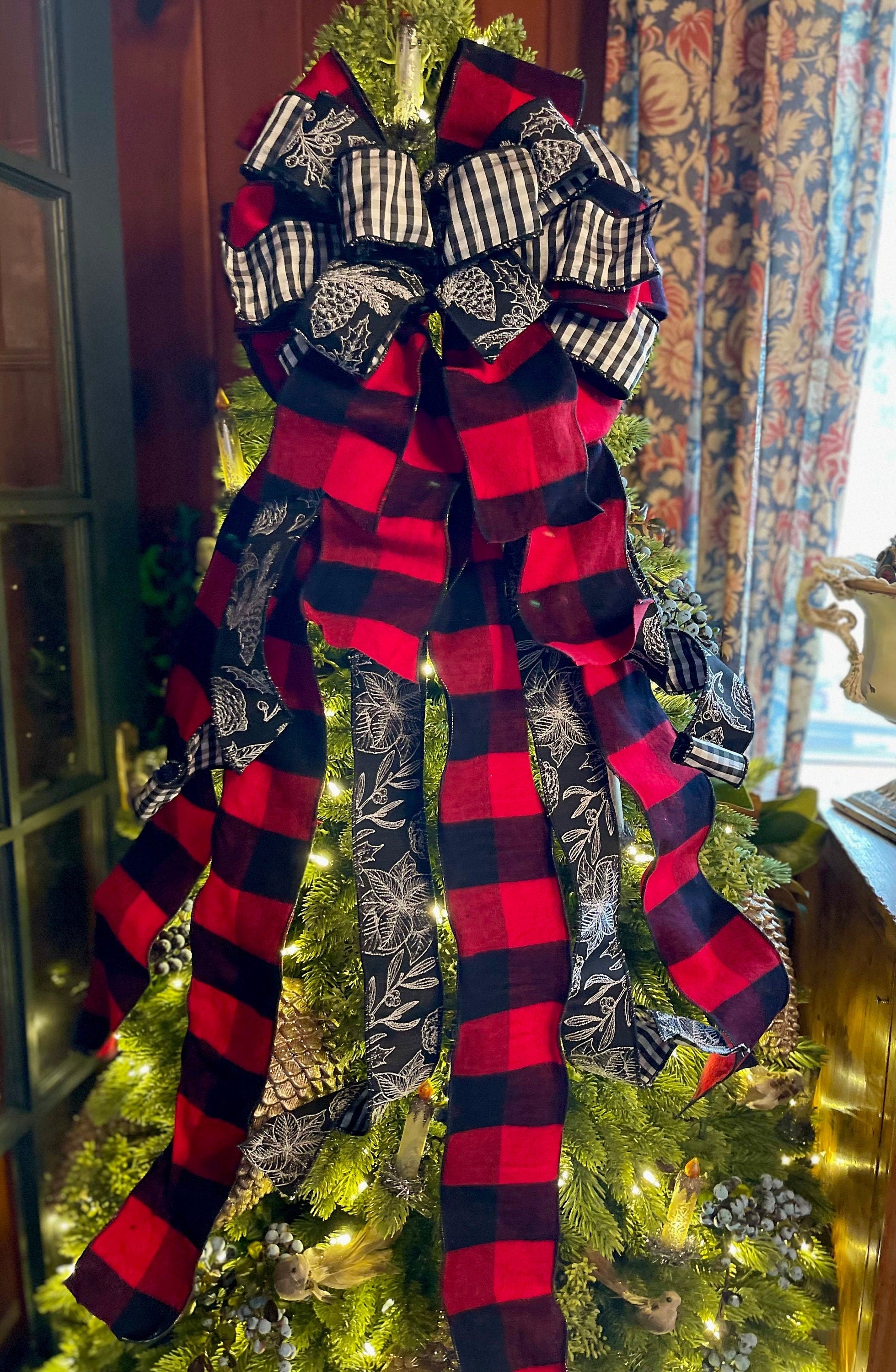 The Karen Red Black & White Check Christmas Tree Topper Bow