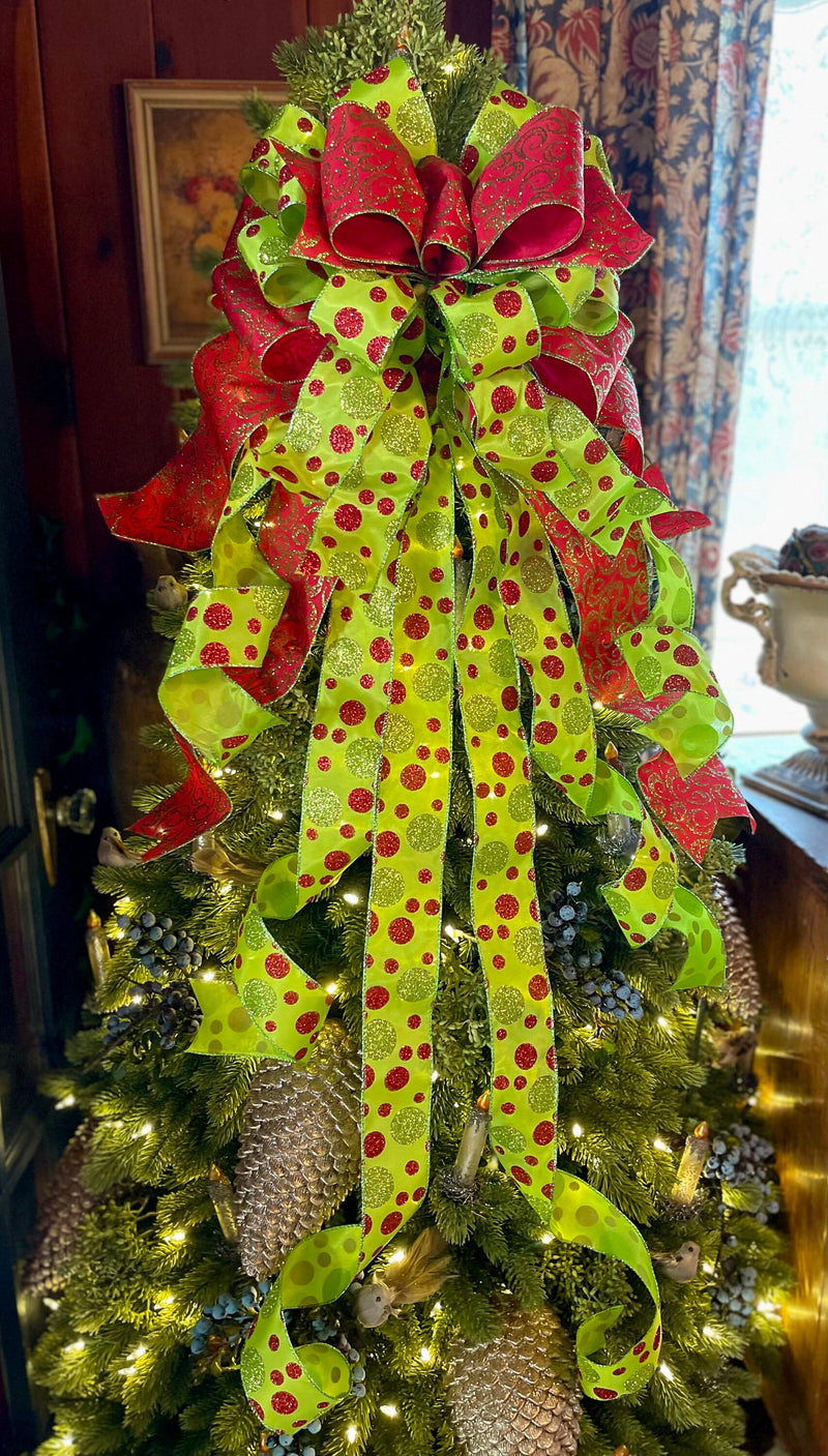 The Joanne Red & Lime Green Polka Dot Christmas Tree Topper Bow