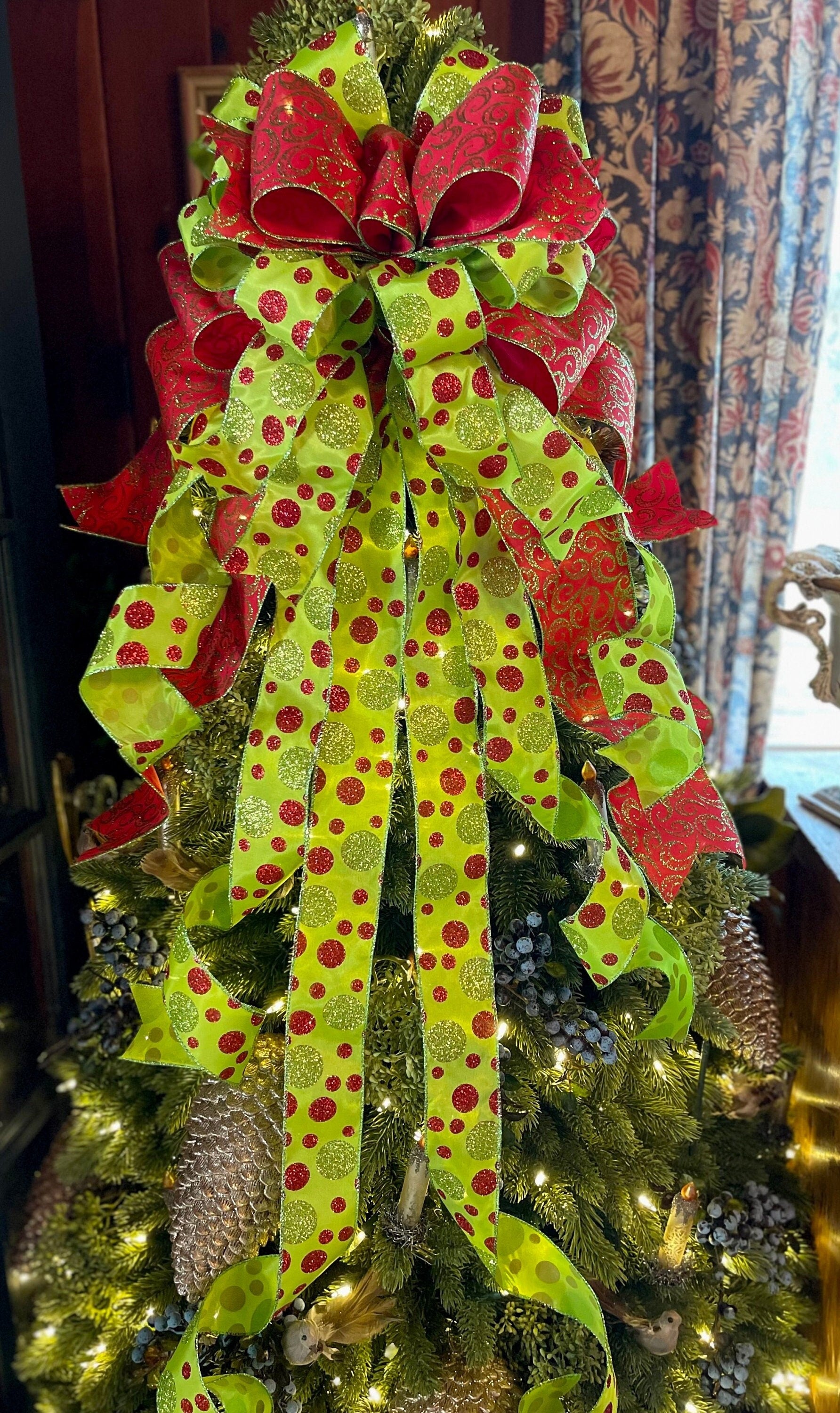 The Joanne Red & Lime Green Polka Dot Christmas Tree Topper Bow