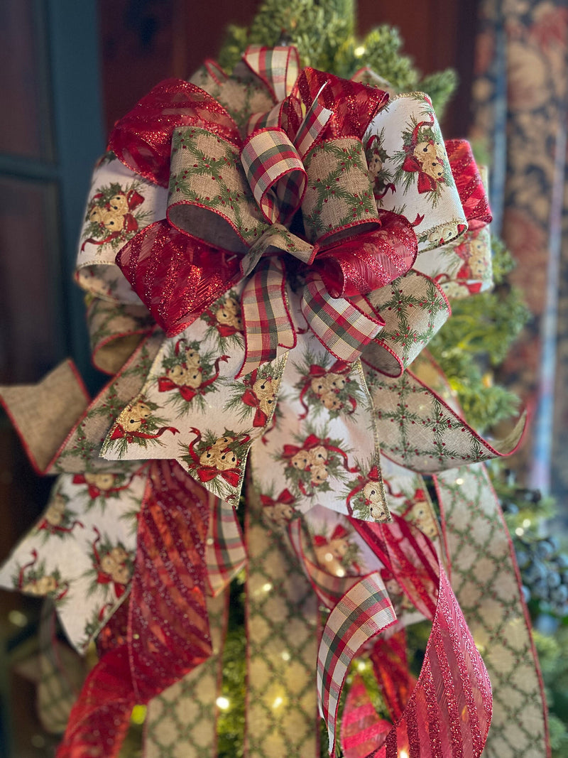 The Lara Red & Green Christmas Tree Topper Bow