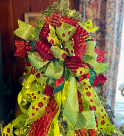 The Mayzie Red & Lime Green Polka Dot Christmas Tree Topper Bow