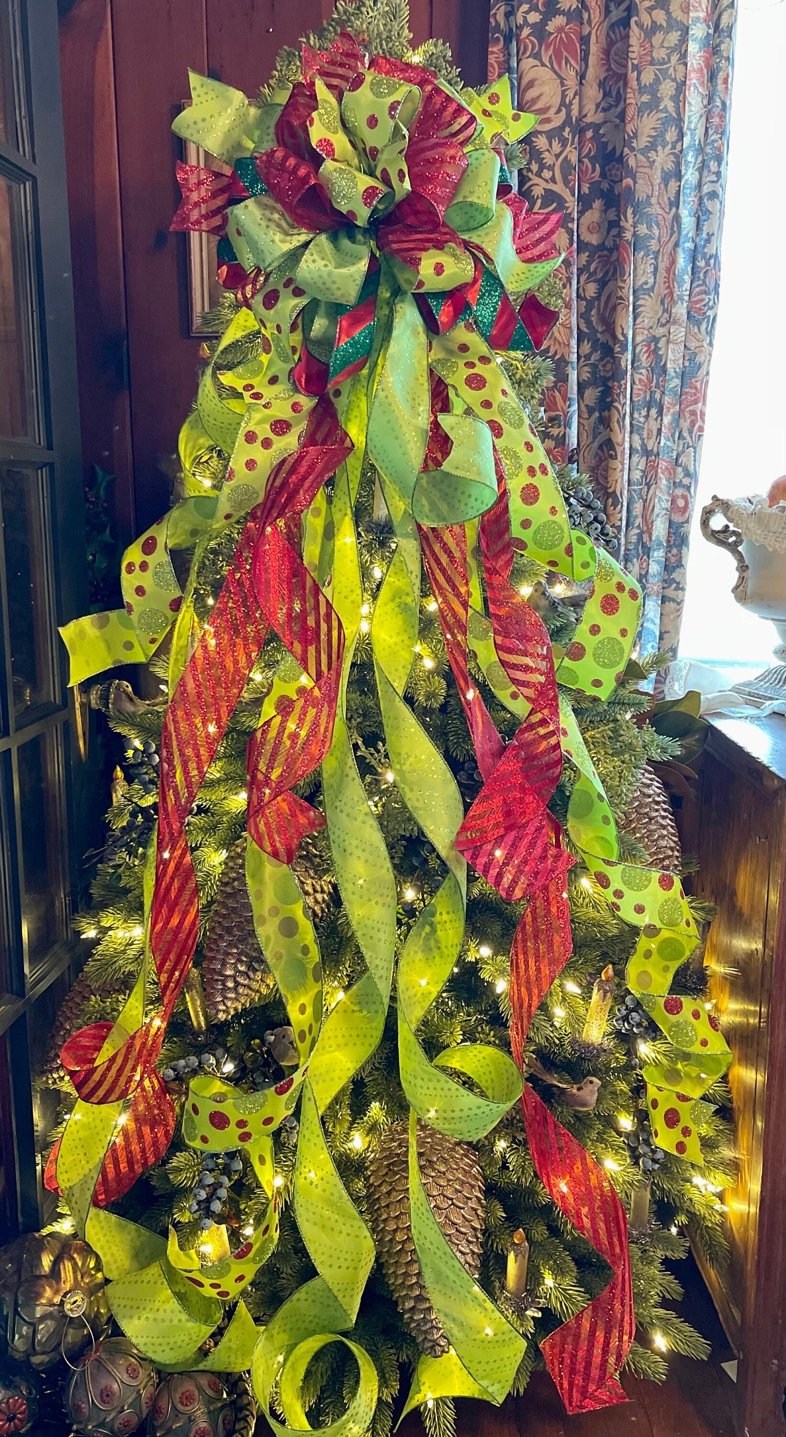 The Mayzie Red & Lime Green Polka Dot Christmas Tree Topper Bow