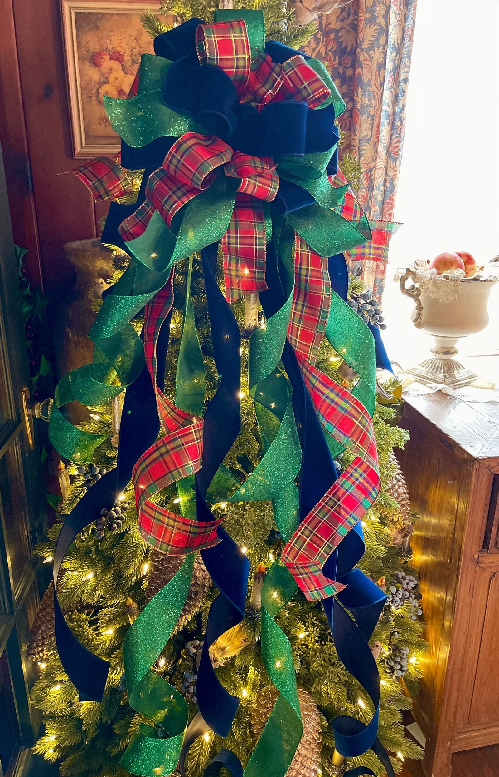 The Anka Red Emerald Green & Navy Velvet Christmas Tree Topper Bow