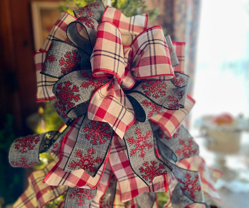 The Lydia Red & Cream Plaid Snowflake Christmas Tree Topper Bow