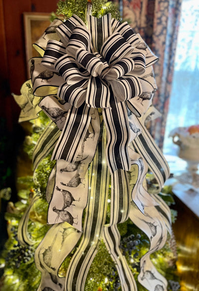 The Chauncey Black & White Christmas Tree Topper Bow