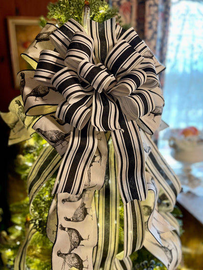 The Chauncey Black & White Christmas Tree Topper Bow