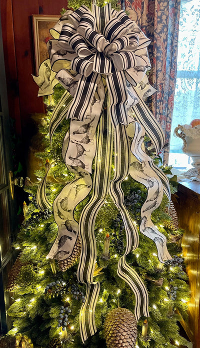 The Chauncey Black & White Christmas Tree Topper Bow