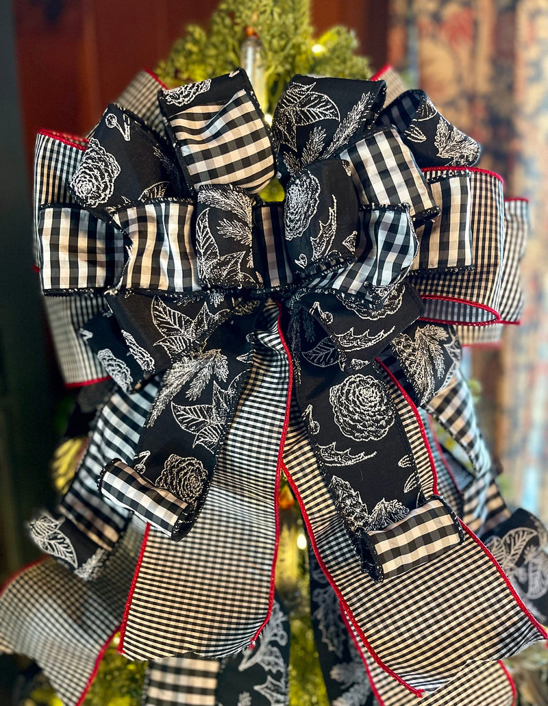 The Agnes Black & White Check Christmas Tree Topper Bow