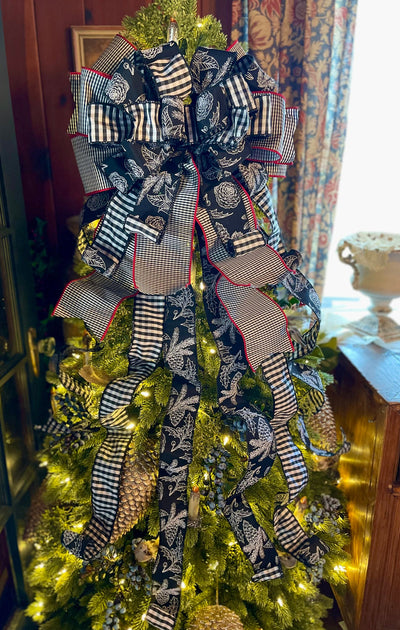 The Agnes Black & White Check Christmas Tree Topper Bow