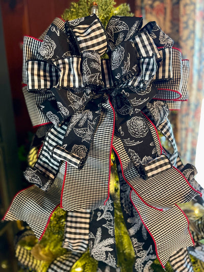 The Agnes Black & White Check Christmas Tree Topper Bow