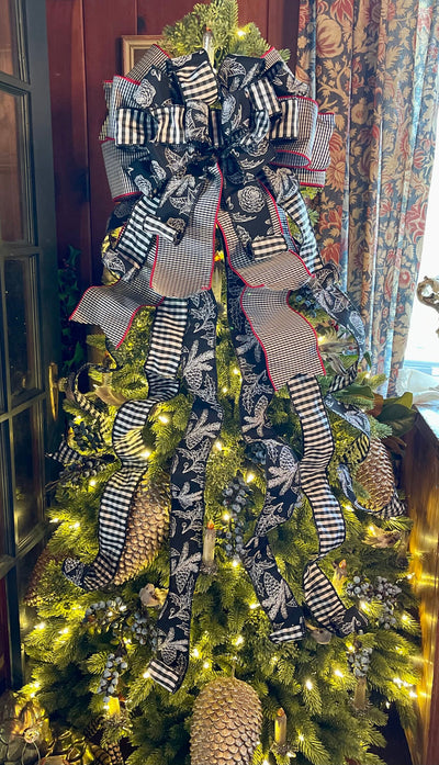 The Agnes Black & White Check Christmas Tree Topper Bow