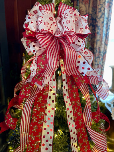 The Ginger Red & White Gingerbread Christmas Tree Topper Bow