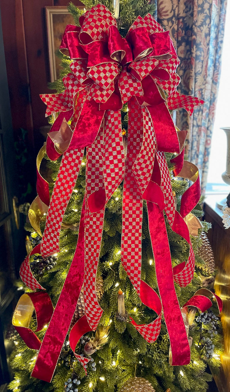 The Charlotte Red & Gold Plush Velvet XL Christmas Tree Topper Bow
