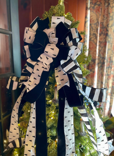 The Delia White & Black Christmas Tree Topper Bow
