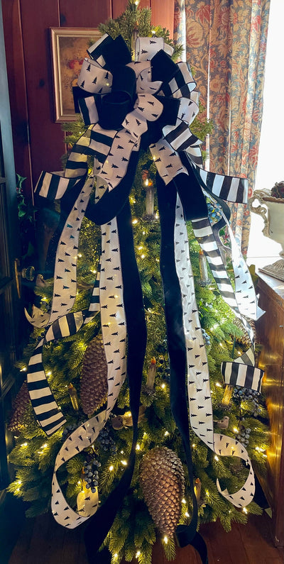 The Delia White & Black Christmas Tree Topper Bow