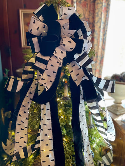 The Delia White & Black Christmas Tree Topper Bow