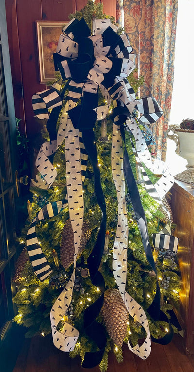 The Delia White & Black Christmas Tree Topper Bow