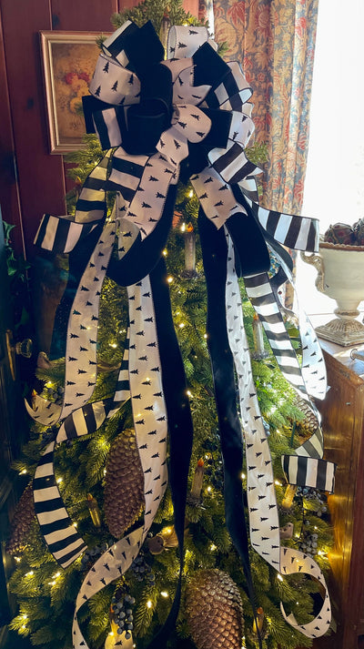 The Delia White & Black Christmas Tree Topper Bow