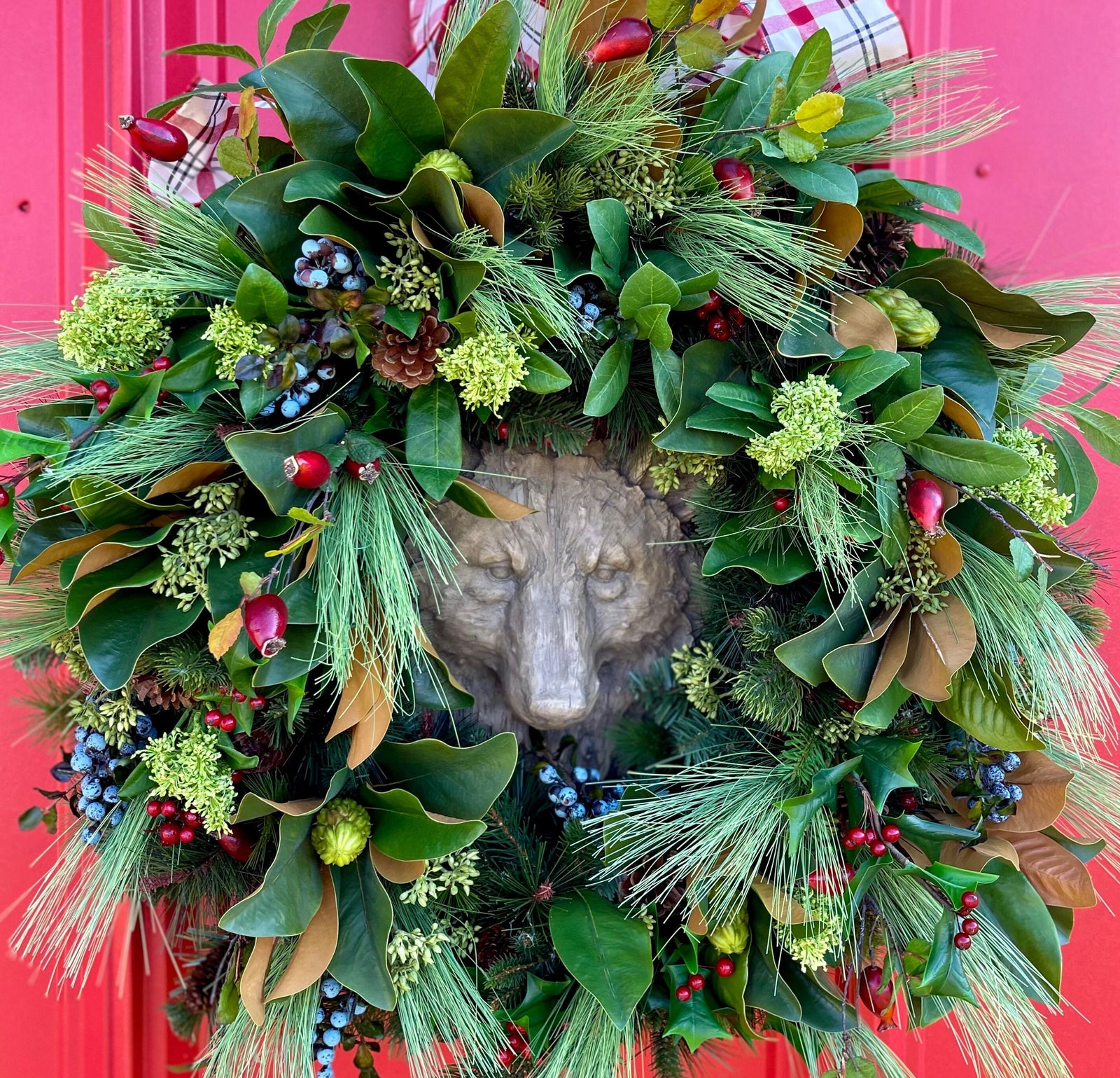 The Theodore Rustic Red Evergreen Bear Christmas Wreath For Front Door
