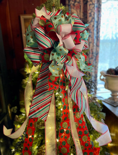 The Paula Red Mint Green & White Christmas Tree Topper Bow