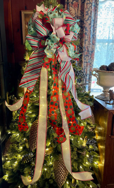 The Paula Red Mint Green & White Christmas Tree Topper Bow