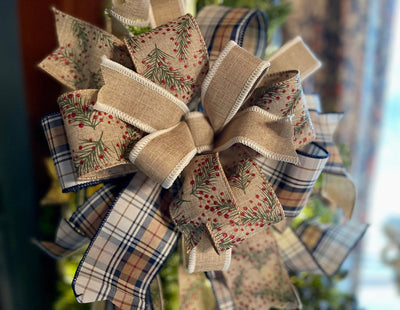 The Nora Beige & Navy Plaid Christmas Tree Topper Bow