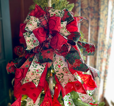 The Cheri Red Green Christmas Tree Topper Bow: Cottage Style Wreath Bow