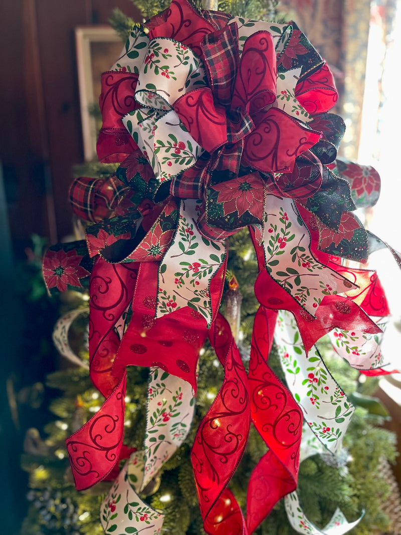 The Cheri Red Green Christmas Tree Topper Bow: Cottage Style Wreath Bow