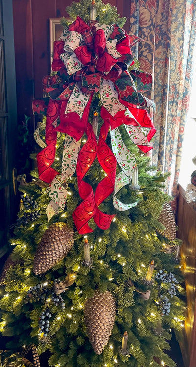 The Cheri Red Green Christmas Tree Topper Bow: Cottage Style Wreath Bow