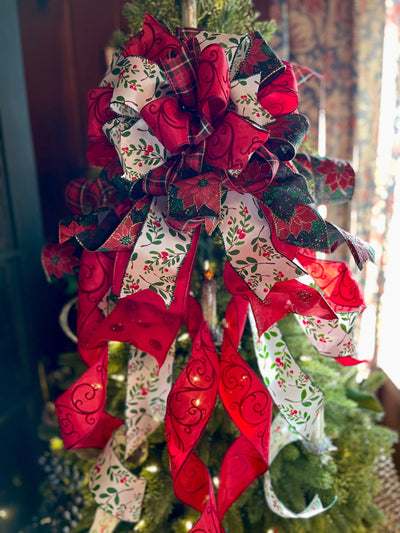 The Cheri Red Green Christmas Tree Topper Bow: Cottage Style Wreath Bow