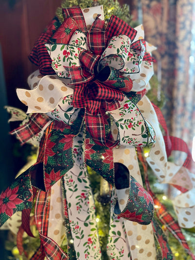 The Maggie Red Black Green & White Christmas Tree Topper Bow