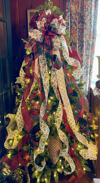 The Maggie Red Black Green & White Christmas Tree Topper Bow