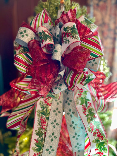 The Etta Red Green & White Christmas Tree Topper Bow