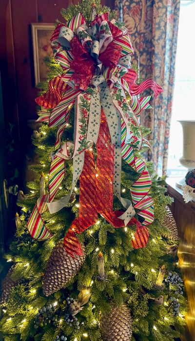 The Etta Red Green & White Christmas Tree Topper Bow