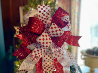 The Allison Red Silver & White XL Snowflake Christmas Tree Topper Bow