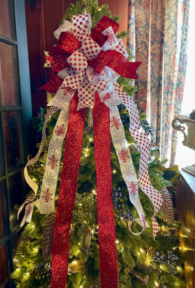 The Allison Red Silver & White XL Snowflake Christmas Tree Topper Bow