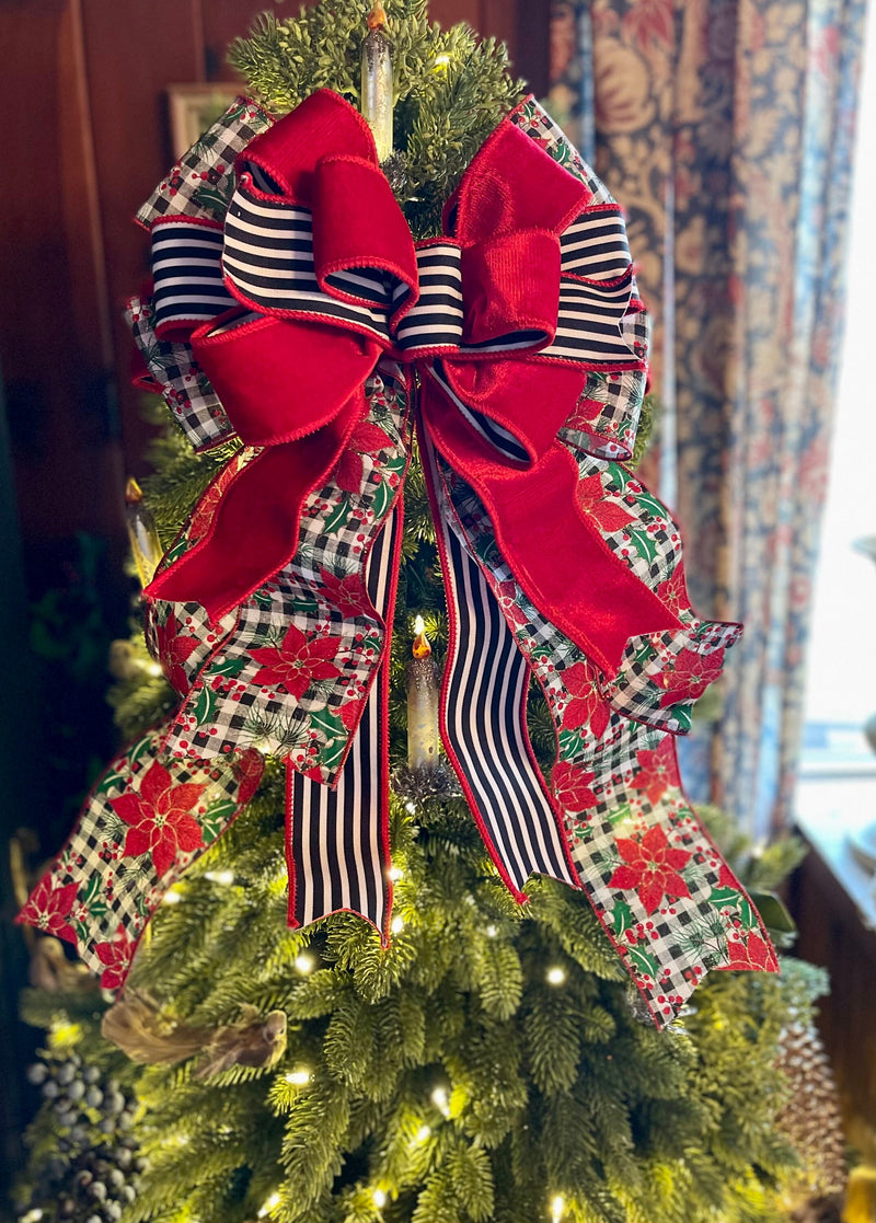 The Christine Red Black Green & White Christmas Tree Topper Bow