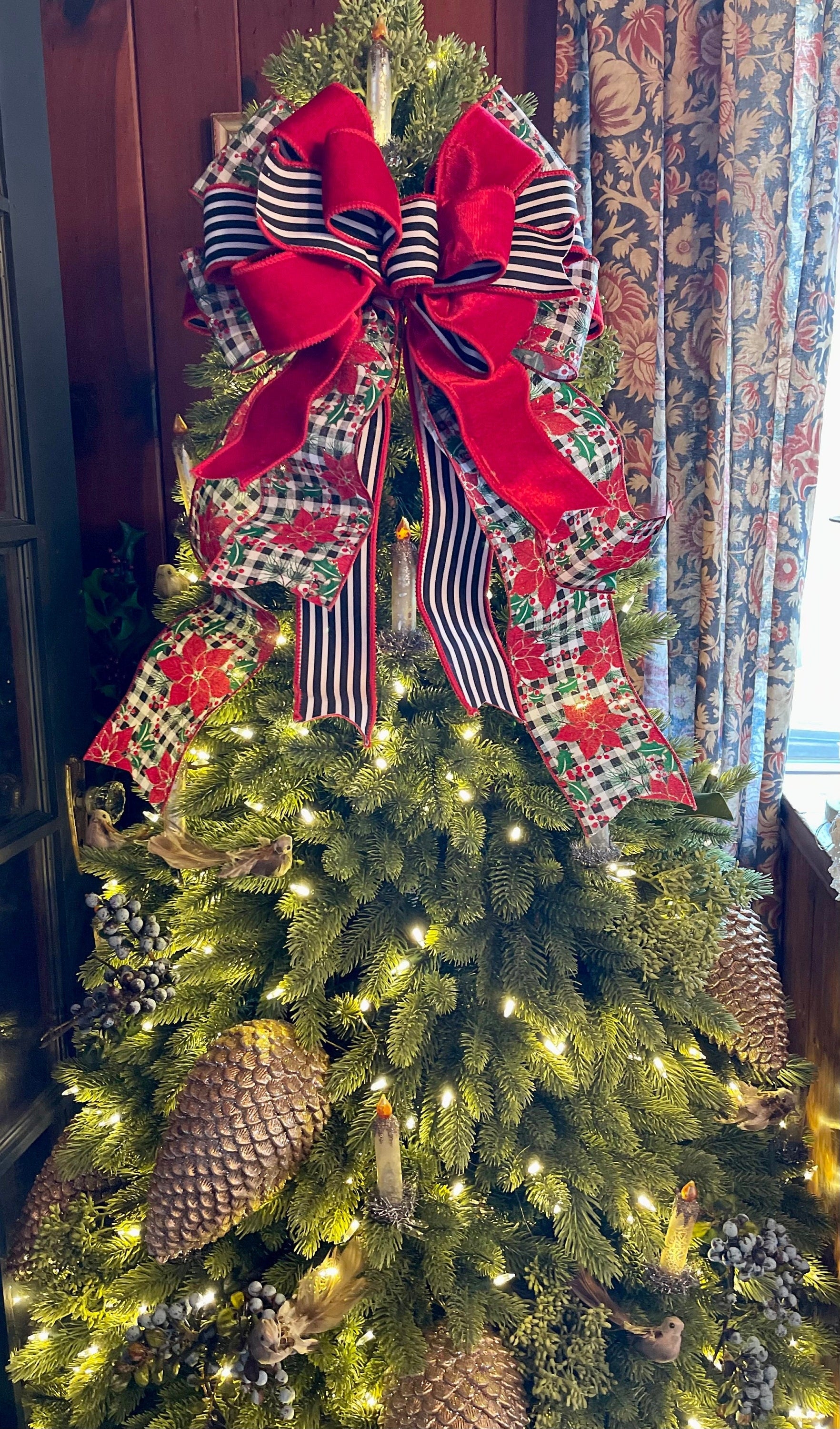 The Christine Red Black Green & White Christmas Tree Topper Bow