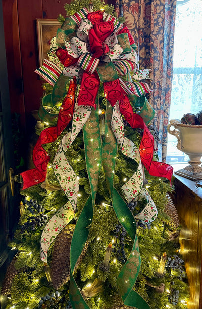 The Erin Red Green & White Christmas Tree Topper Bow