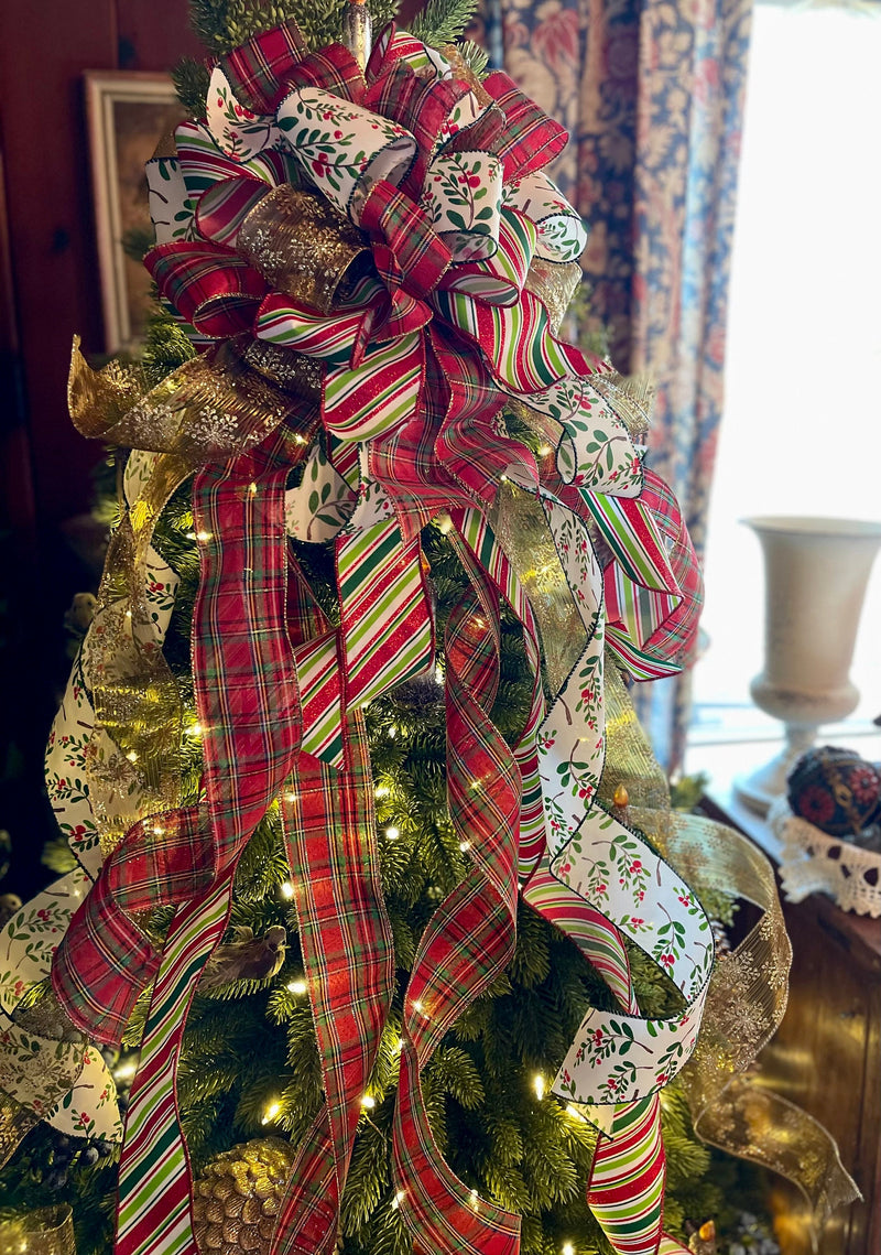 The Gillian XL Red Green & Gold Plaid Christmas Tree Topper Bow